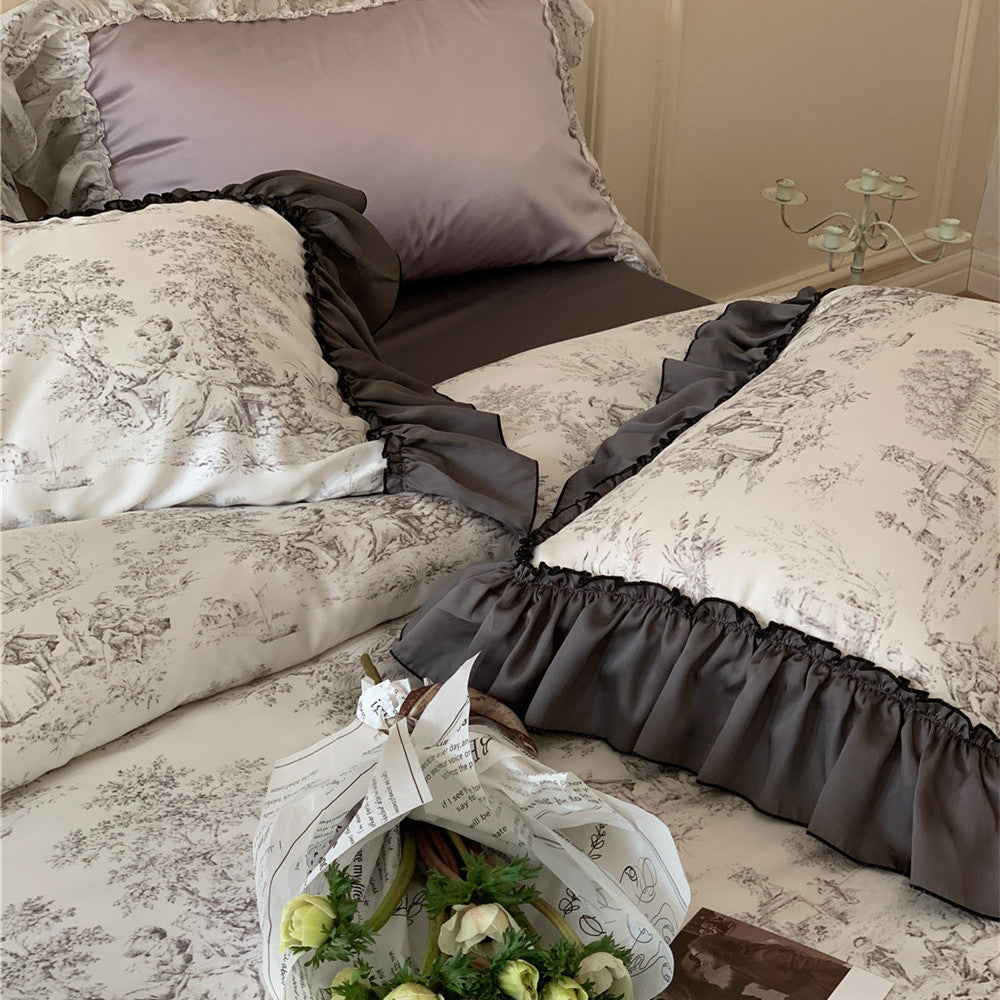 Black Ruffles French Toile Bedding Set