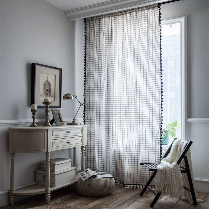 Black & White Grid Tassel Linen Curtain