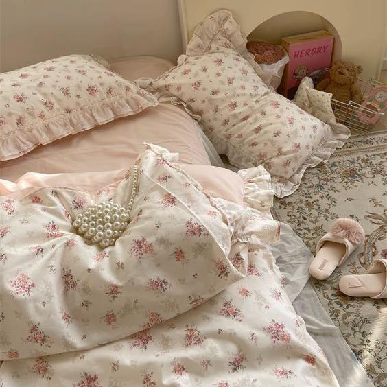 Embroidered Pink Floral Bedding Set