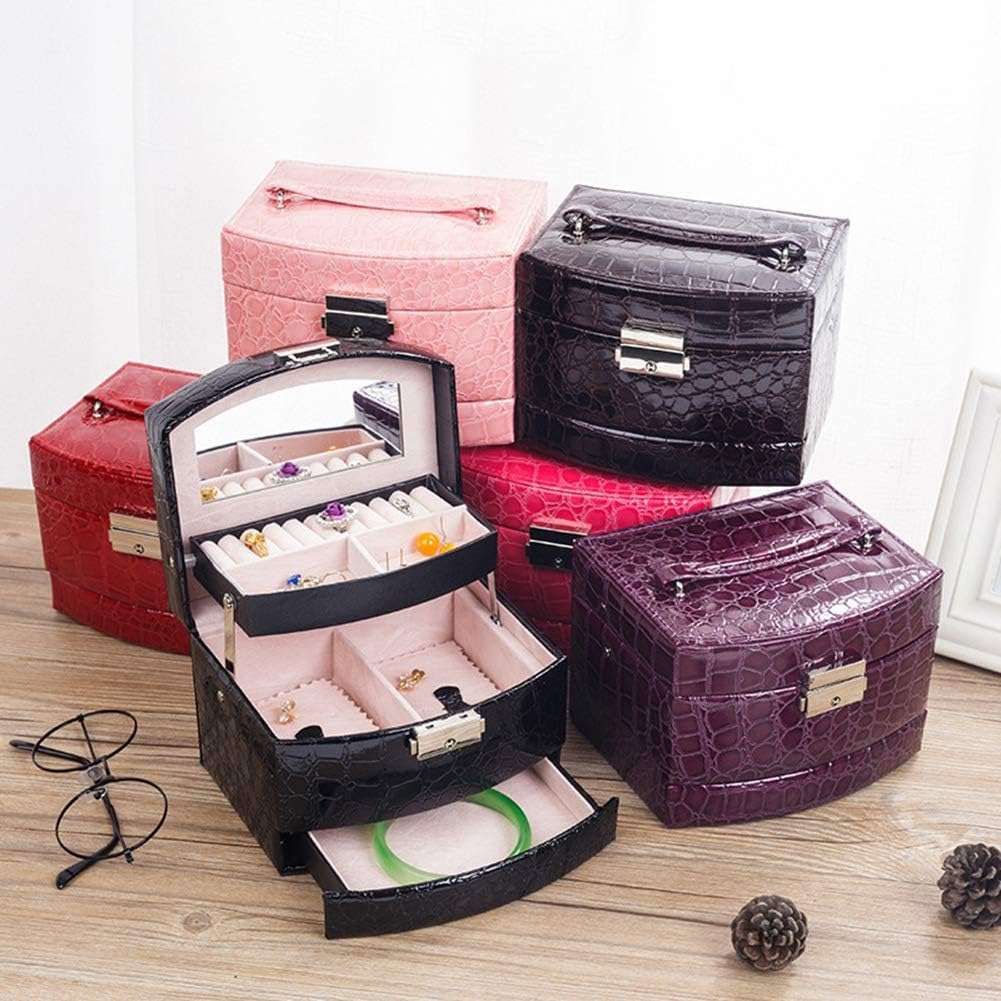 3-Layer Leather Jewelry Box in 5 colors, showcasing a premium PU leather exterior, secure lock, and spacious interior for organizing jewelry in style.