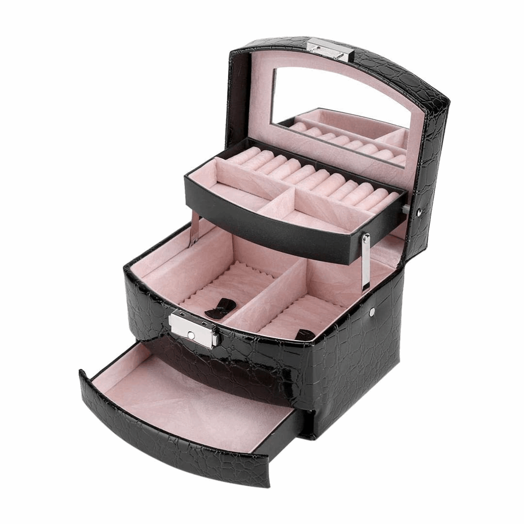 3-Layer Leather Jewelry Box Black with multiple storage layers, premium PU leather exterior, and secure lock feature.