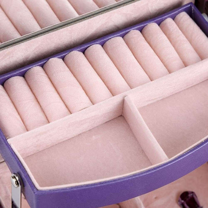 Close-up of the 3-Layer Leather Jewelry Box in Purple, highlighting soft interior lining, multiple compartments, and built-in mirror for organized jewelry storage.