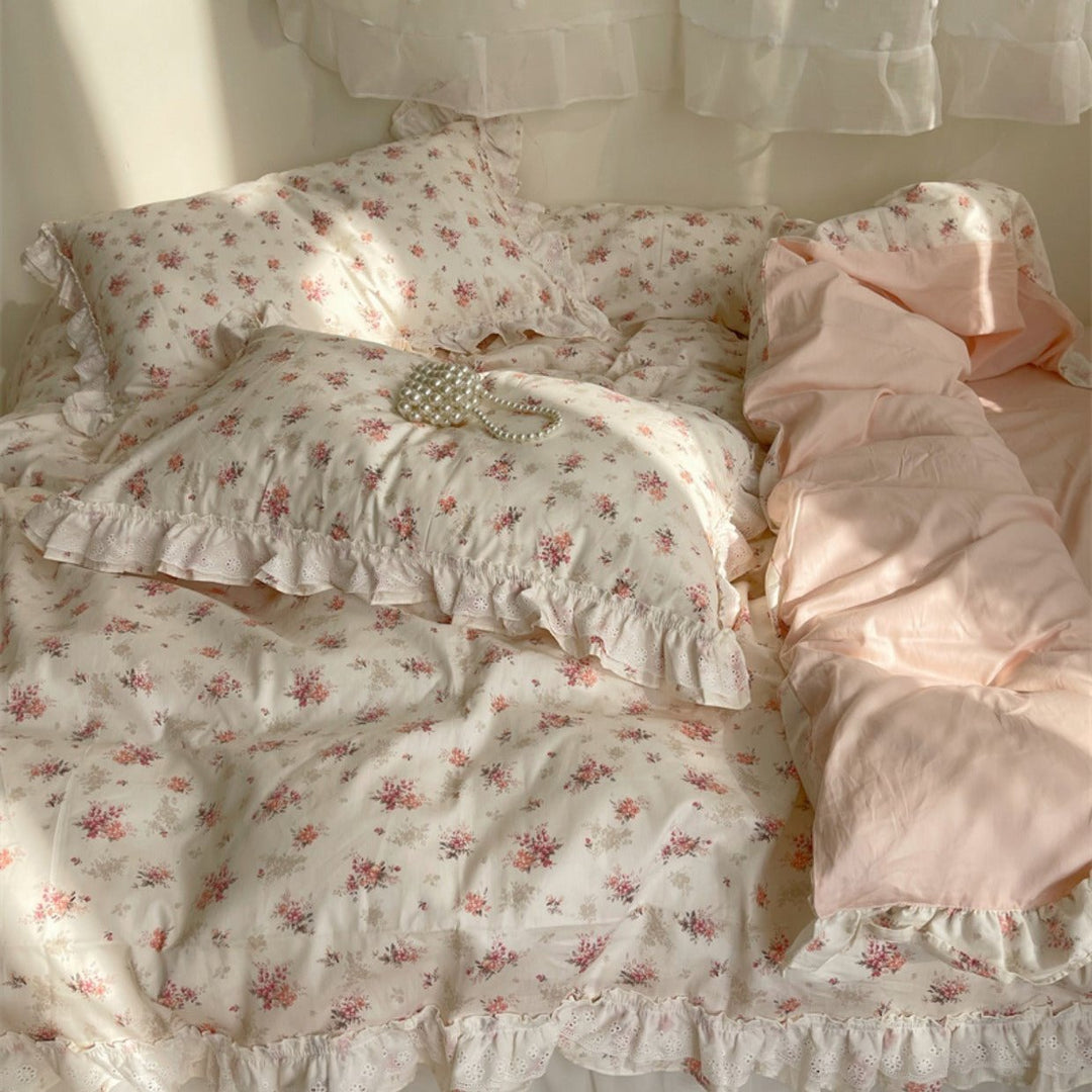 Embroidered Pink Floral Bedding Set