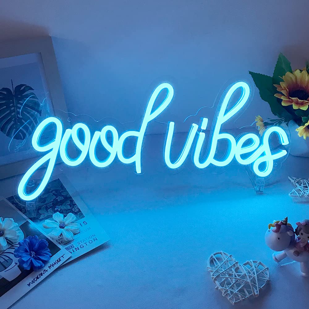 Blue Good Vibes Cursive Neon Light