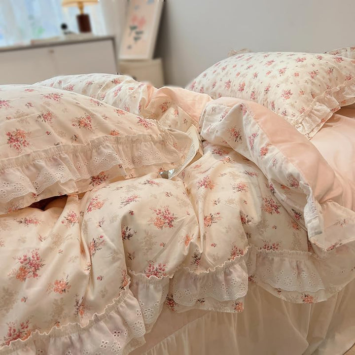 Embroidered Pink Floral Bedding Set