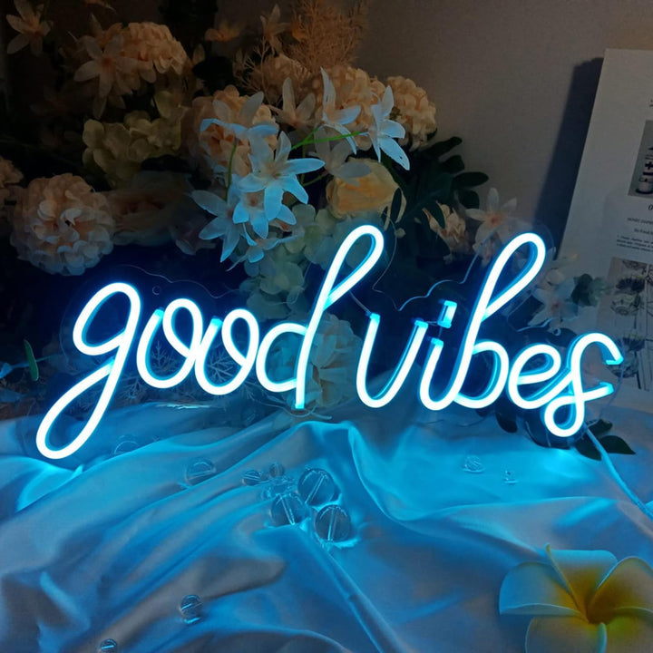 Blue Good Vibes Cursive Neon Light