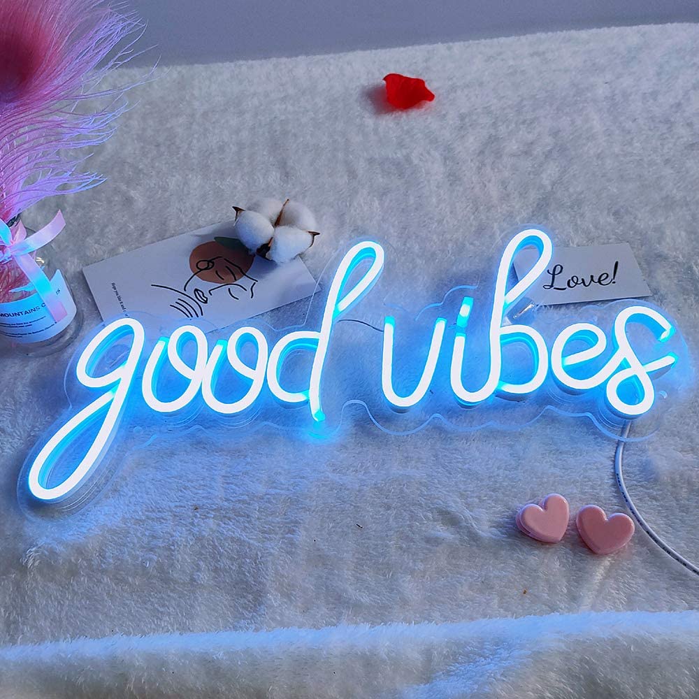 Blue Good Vibes Cursive Neon Light