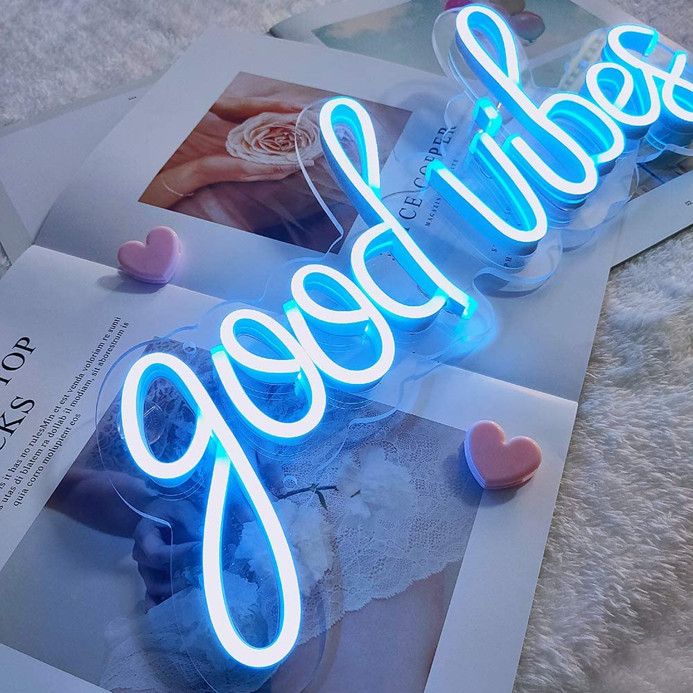 Blue Good Vibes Cursive Neon Light