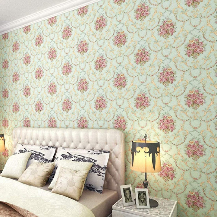 European Light Green Floral Self-Adhesive Wallpaper