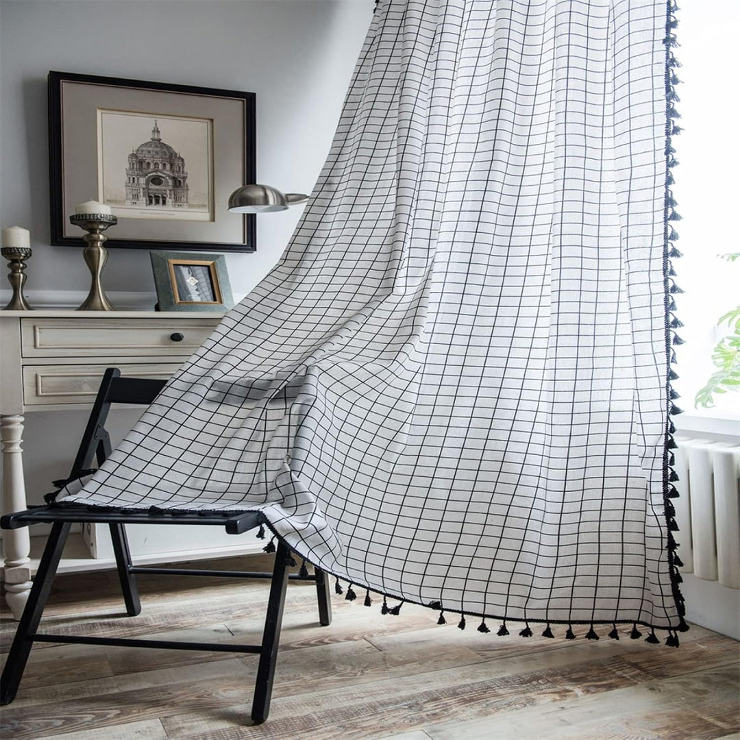 Black & White Grid Tassel Linen Curtain