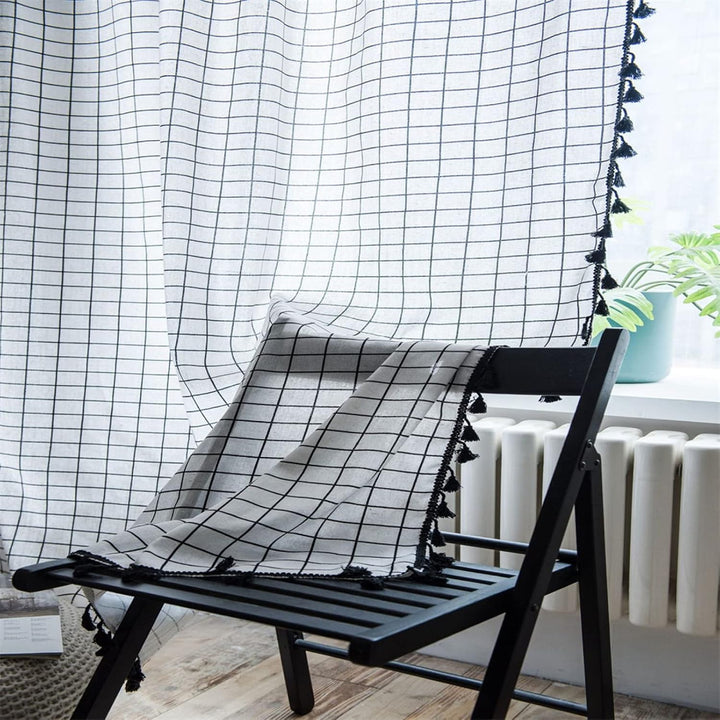 Black & White Grid Tassel Linen Curtain