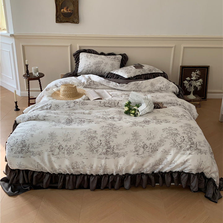 Black Ruffles French Toile Bedding Set