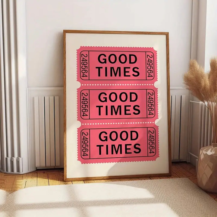 "Good Times Tickets Canvas Poster" angled front view, showcasing its retro pink ticket design with a modern minimalist aesthetic. This vibrant wall art adds a playful, trendy touch to bedrooms, dorms, or apartments. Printed on premium cotton canvas with a fade-resistant finish for lasting style.