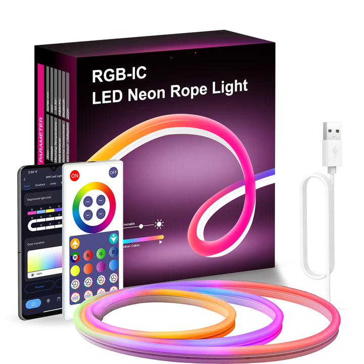 Multicolor LED Rope Light, Alexa compatible, offering customizable lighting with a range of colors and effects to enhance any room.