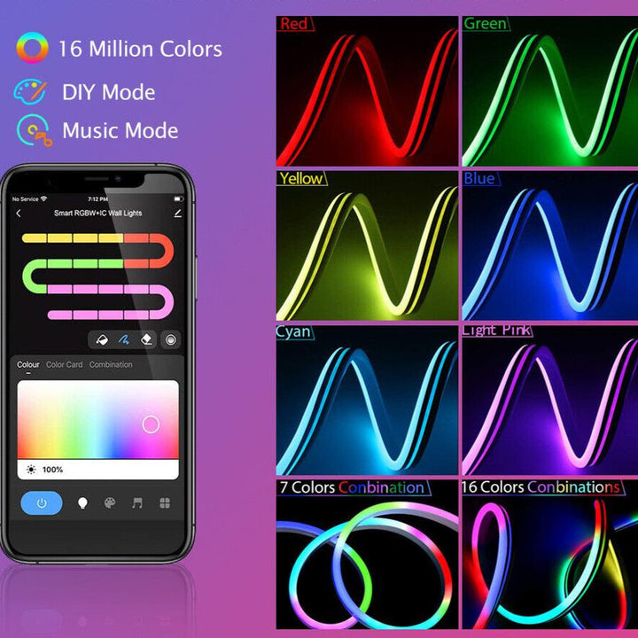 Multicolor LED Rope Light, Alexa compatible, displaying a spectrum of 16 million colors for endless lighting possibilities and vibrant atmosphere creation.