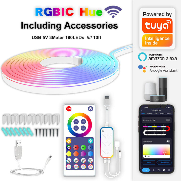Multicolor LED Rope Light, Alexa compatible, with included accessories like wall clips and USB power cable for easy installation and custom lighting.