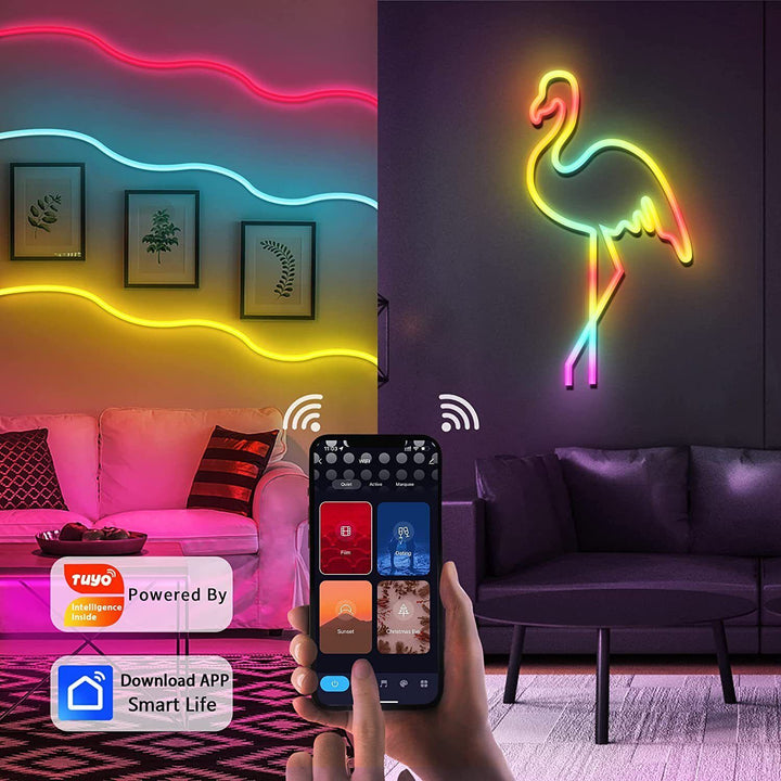 Multicolor LED Rope Light, Alexa compatible, showcasing app features for seamless control, color customization, and brightness adjustments to create personalized lighting experiences.