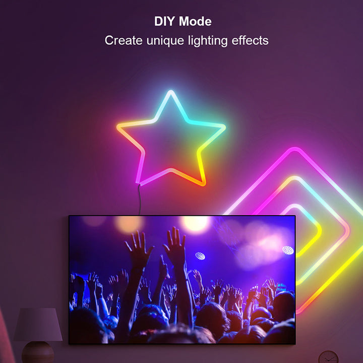 Multicolor LED Rope Light, Alexa compatible, in DIY mode, showcasing customizable color options and dynamic lighting effects for a personalized room ambiance.
