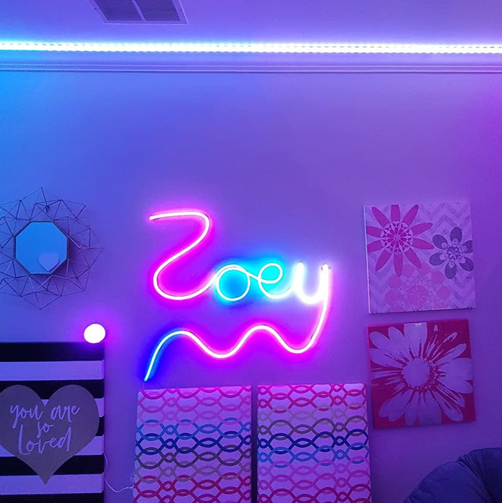 Multicolor LED Rope Light, Alexa compatible, spelling out 'VibeCore' in vibrant colors, showcasing customizable lighting for a unique and personalized room decor.