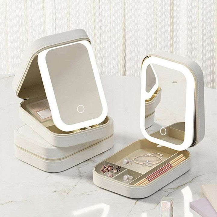 Small Portable LED Mirror Makeup Holder White with Adjustable Lighting and Storage