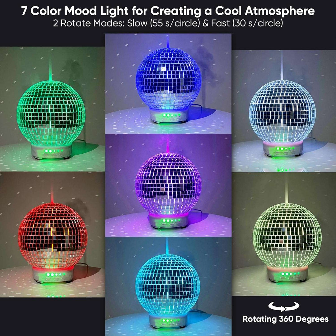 VibeCore Rotating Disco Ball Diffuser showcasing its vibrant light patterns in various color options, creating a lively ambiance in any room.