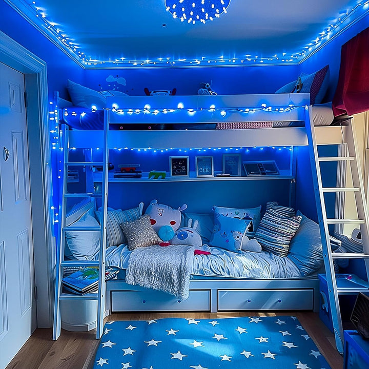 VibeCore 10M colorful traditional string lights in blue, creating a calming and vibrant ambiance in the bedroom. The perfect addition to enhance your space with a soft, soothing glow.