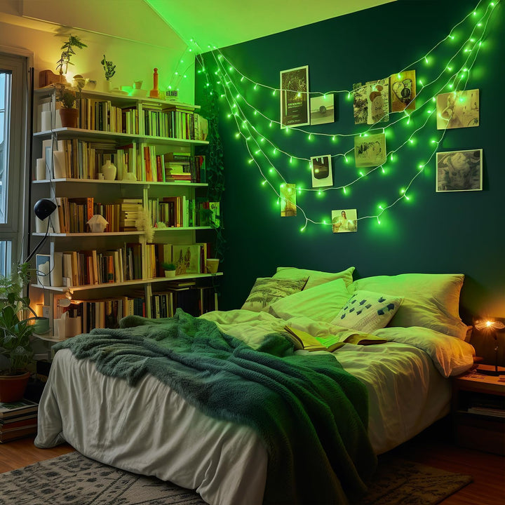 VibeCore 10M colorful traditional string lights in green, hung on a bedroom wall, providing a lively and refreshing glow that enhances the space with vibrant, colorful charm.