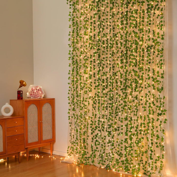 Leaf vine string lights hanging in room, aesthetic decor.