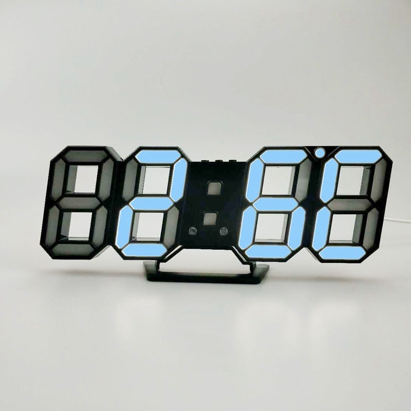 VibeCore 3D LED Digital Alarm Clock in black with blue light, featuring bold, illuminated 3D LED digits for easy time visibility. This modern alarm clock offers additional features like a thermometer, perpetual calendar, and moon phase display. Its sleek black design with blue light adds a stylish, contemporary touch, making it a perfect functional and aesthetic addition to any room.