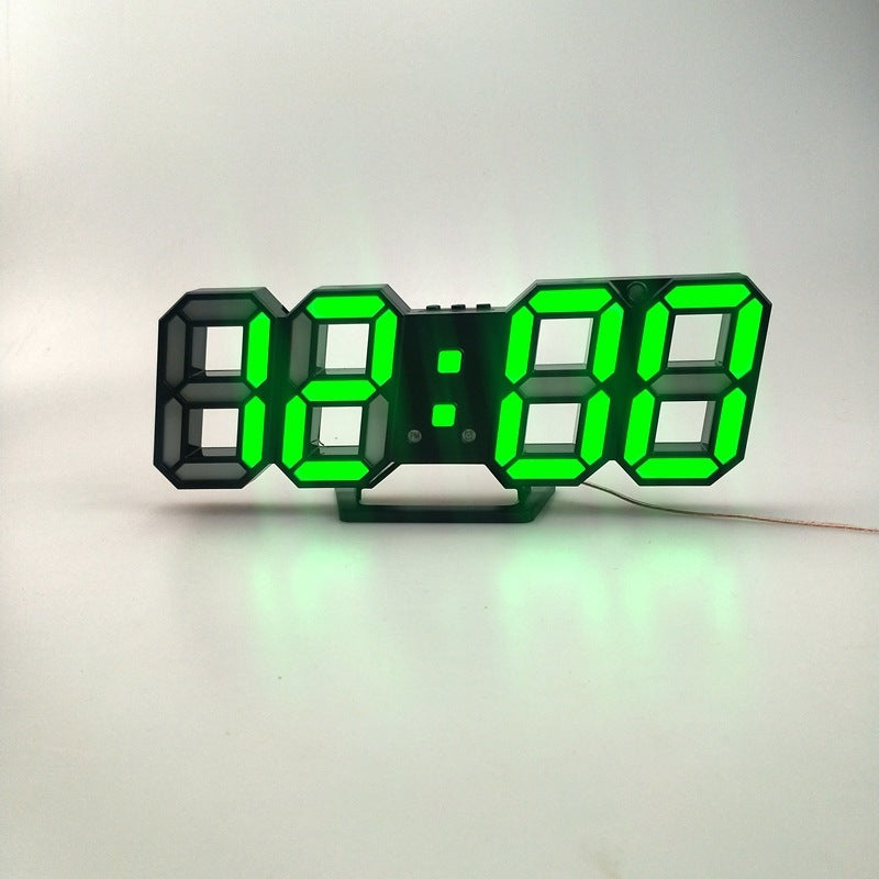 VibeCore 3D LED Digital Alarm Clock in black with green light, featuring bold, illuminated 3D LED digits for clear time visibility. This modern alarm clock includes additional features such as a thermometer, perpetual calendar, and moon phase display. Its sleek black design with green light adds a stylish, contemporary touch, combining both functionality and aesthetic appeal for any room.