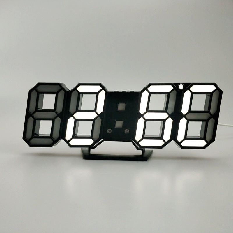 VibeCore 3D LED Digital Alarm Clock in black with white light, front view. Featuring bold, illuminated 3D LED digits for clear time display, this modern alarm clock also includes a thermometer, perpetual calendar, and moon phase display. Its sleek black design adds a contemporary touch, making it a stylish and functional addition to any room.