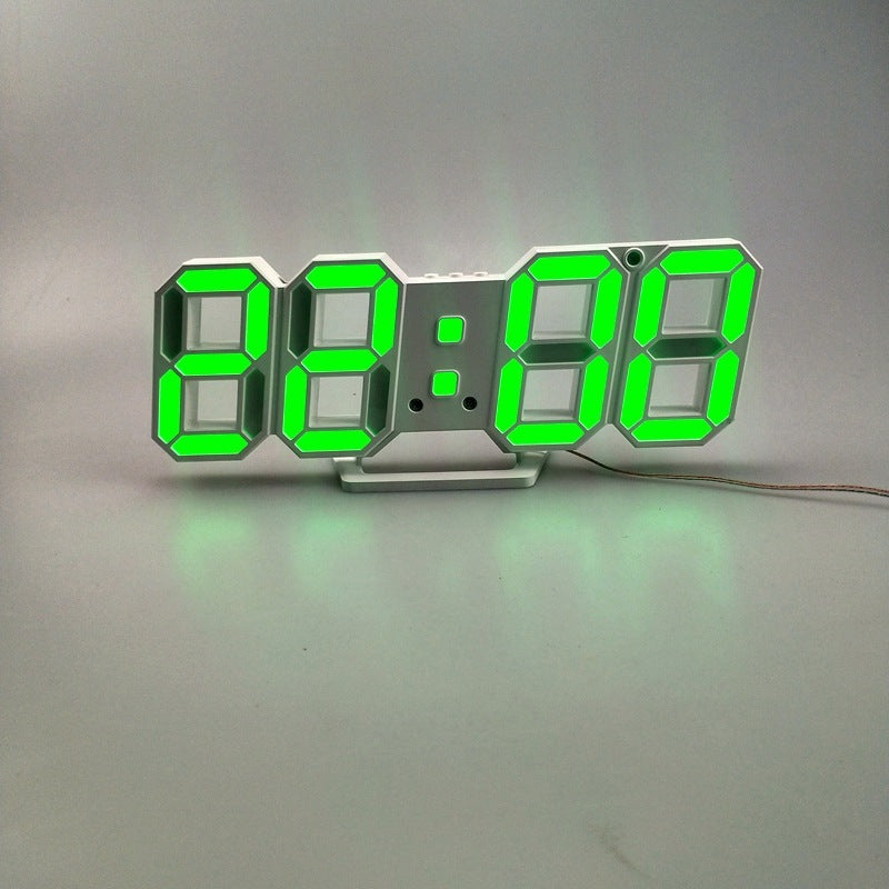 VibeCore 3D LED Digital Alarm Clock in white with green light, featuring bold, illuminated 3D LED digits for easy time readability. This modern alarm clock includes additional features like a thermometer, perpetual calendar, and moon phase display. Its sleek white design with green light adds a stylish, contemporary touch, combining both functionality and aesthetic appeal in any room.