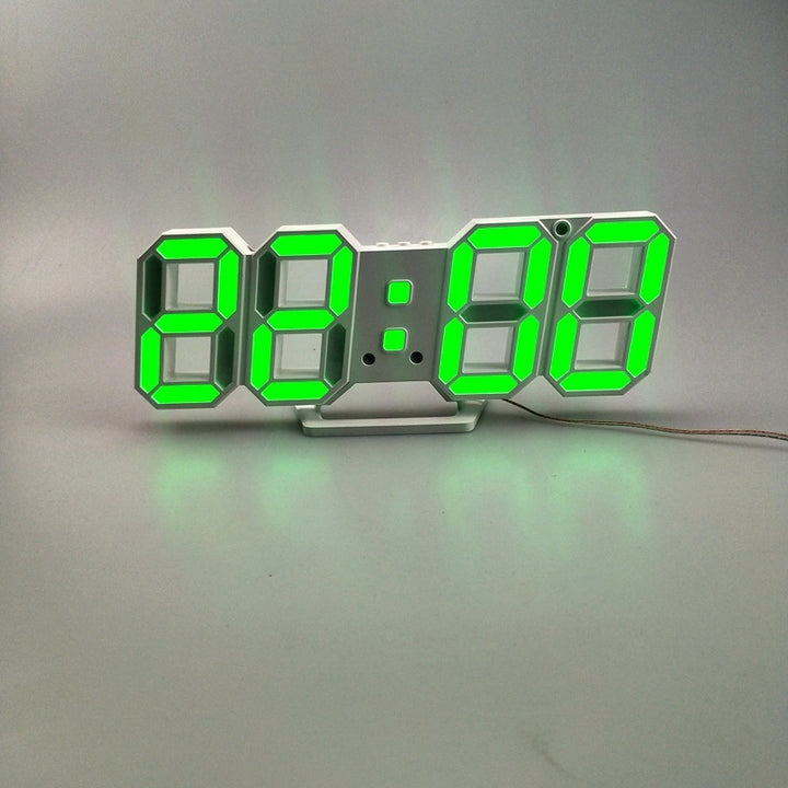 VibeCore 3D LED Digital Alarm Clock in white with green light, featuring bold, illuminated 3D LED digits for easy time readability. This modern alarm clock includes additional features like a thermometer, perpetual calendar, and moon phase display. Its sleek white design with green light adds a stylish, contemporary touch, combining both functionality and aesthetic appeal in any room.
