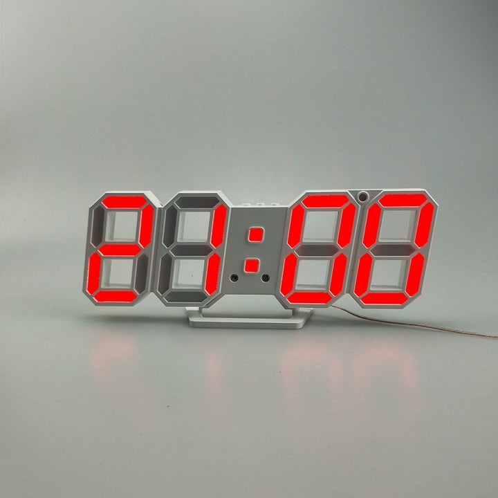 VibeCore 3D LED Digital Alarm Clock in white with red light, featuring bold, illuminated 3D LED digits for easy time visibility. This modern alarm clock includes additional features like a thermometer, perpetual calendar, and moon phase display. Its sleek white design with red light adds a stylish, contemporary touch, making it a perfect functional and aesthetic addition to any room.