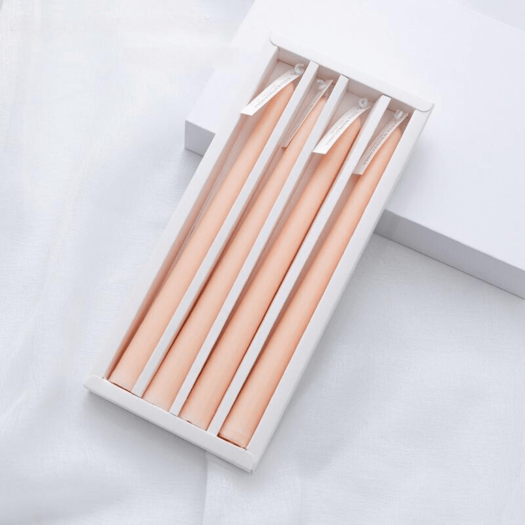 VibeCore 4-Pack Scented Solid Color Long Candles Light Pink, premium handcrafted taper candles, minimalist decor, ideal for table settings, soft romantic ambiance, clean burn.