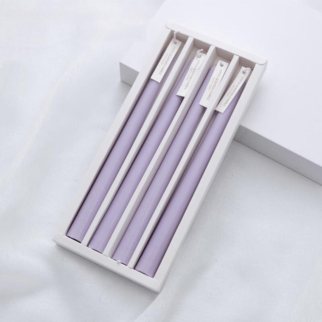 VibeCore 4-Pack Scented Solid Color Long Candles Lilac, premium handcrafted taper candles, minimalist decor, ideal for table settings, calming ambiance, clean burn.