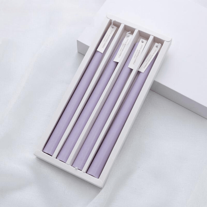 VibeCore 4-Pack Scented Solid Color Long Candles Lilac, premium handcrafted taper candles, minimalist decor, ideal for table settings, calming ambiance, clean burn.