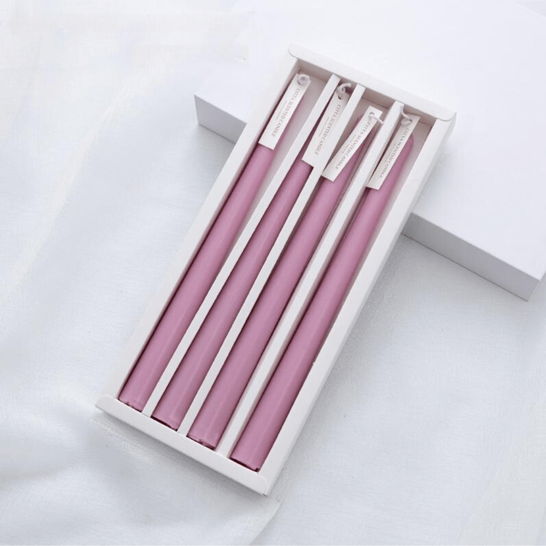 VibeCore 4-Pack Scented Solid Color Long Candles Mauve, premium handcrafted taper candles, minimalist decor, ideal for table settings, cozy ambiance, clean burn.