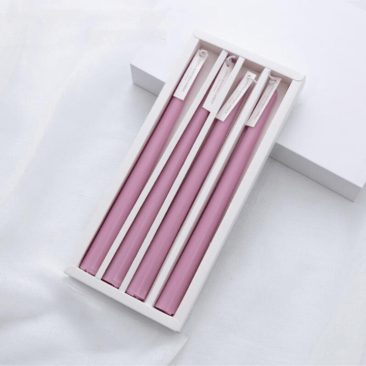 VibeCore 4-Pack Scented Solid Color Long Candles Mauve, premium handcrafted taper candles, minimalist decor, ideal for table settings, cozy ambiance, clean burn.