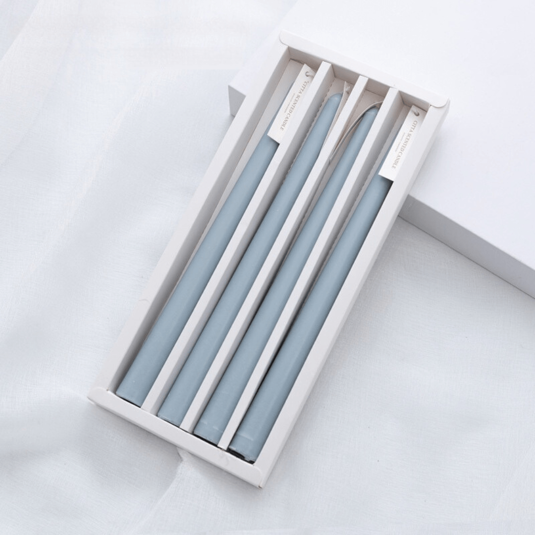 VibeCore 4-Pack Scented Solid Color Long Candles Pastel Blue, premium handcrafted taper candles, minimalist decor, ideal for table settings, serene ambiance, clean burn.