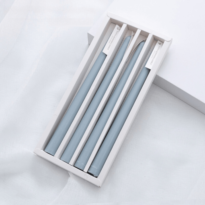 VibeCore 4-Pack Scented Solid Color Long Candles Pastel Blue, premium handcrafted taper candles, minimalist decor, ideal for table settings, serene ambiance, clean burn.