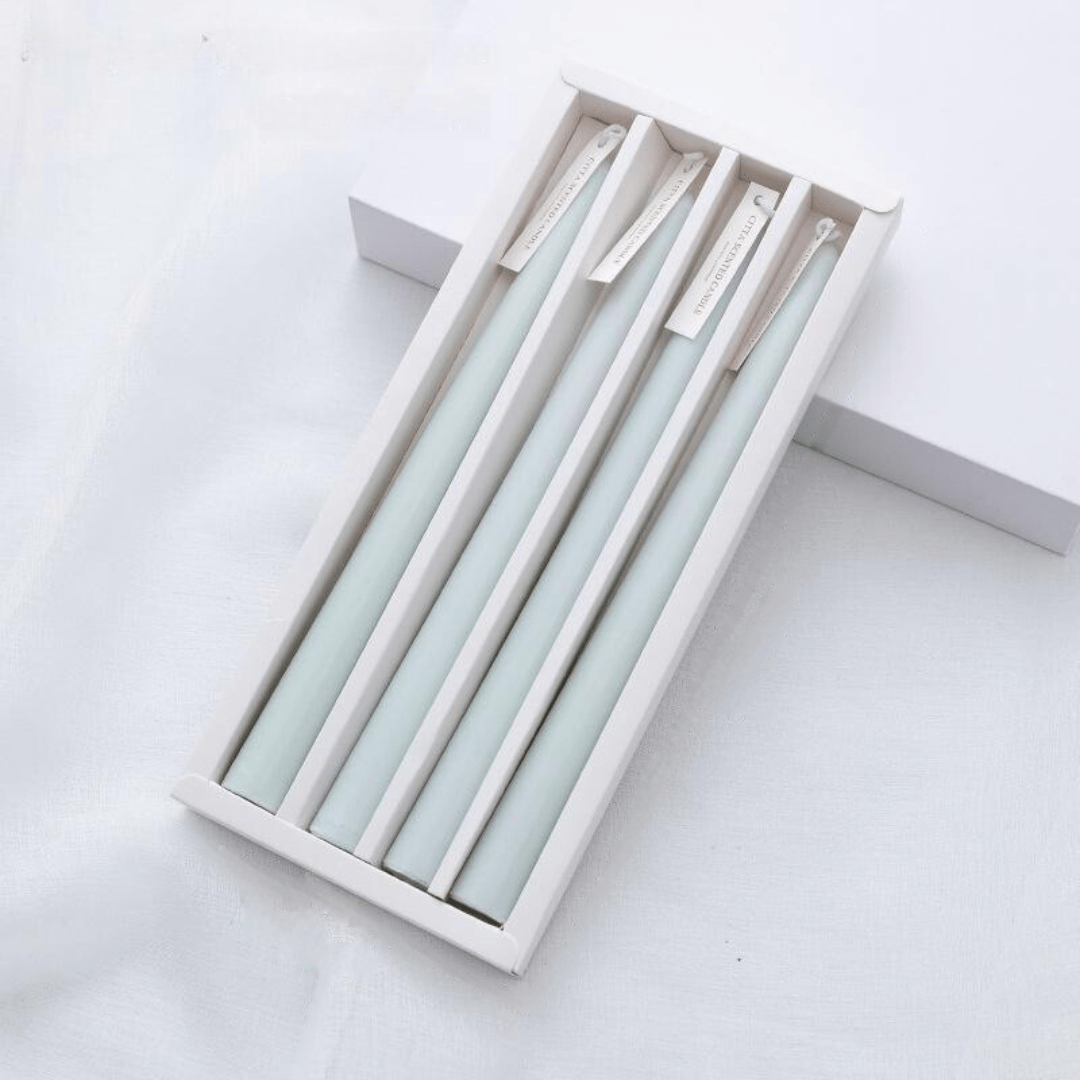 VibeCore 4-Pack Scented Solid Color Long Candles Pastel Green, premium handcrafted taper candles, minimalist decor, ideal for table settings, fresh ambiance, clean burn.