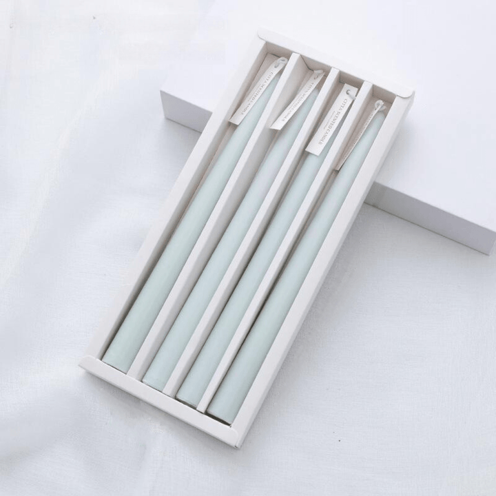 VibeCore 4-Pack Scented Solid Color Long Candles Pastel Green, premium handcrafted taper candles, minimalist decor, ideal for table settings, fresh ambiance, clean burn.