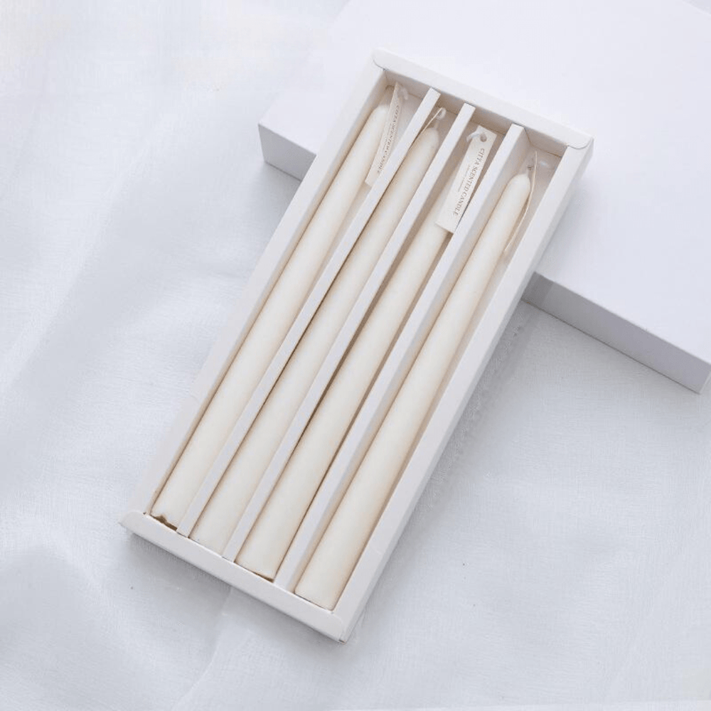 VibeCore 4-Pack Scented Solid Color Long Candles White, premium handcrafted taper candles, minimalist decor, ideal for table settings, romantic ambiance, clean burn.