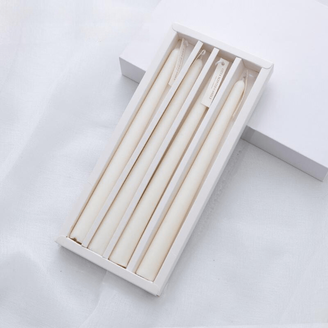 VibeCore 4-Pack Scented Solid Color Long Candles White, premium handcrafted taper candles, minimalist decor, ideal for table settings, romantic ambiance, clean burn.