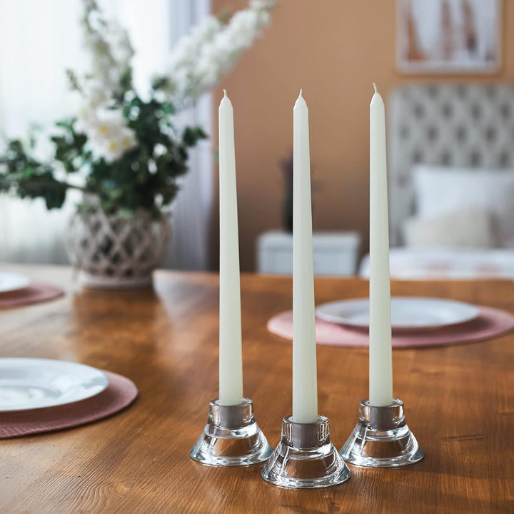 VibeCore 4-Pack Scented Solid Color Long Candles White on Table, premium handcrafted taper candles, minimalist decor, elegant centerpiece, romantic ambiance, clean burn.