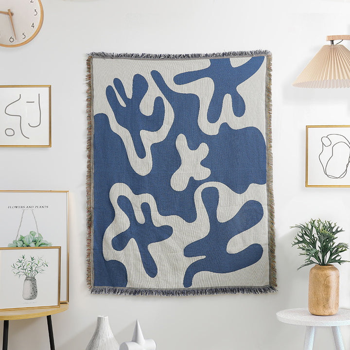 Abstract Blue Coral Woven Cotton Blanket as a Stylish Wall Hanging – Reversible, Artistic Design for Modern Home Decor