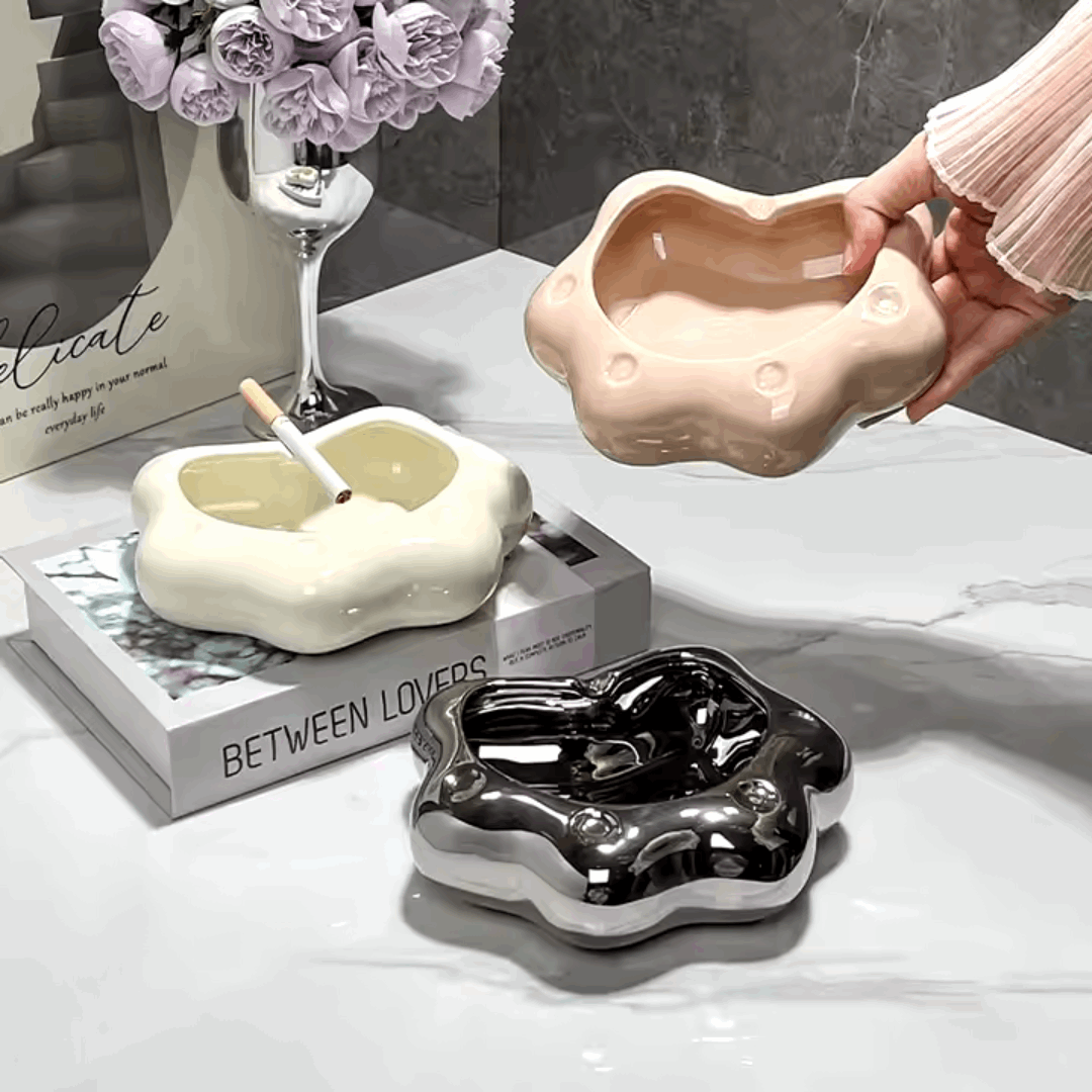 VibeCore Abstract Cloud Ashtray in all 3 colors (White, Rose, Silver), featuring modern cloud-shaped designs crafted from high-quality ceramic, perfect for smoking or as a stylish decor piece.