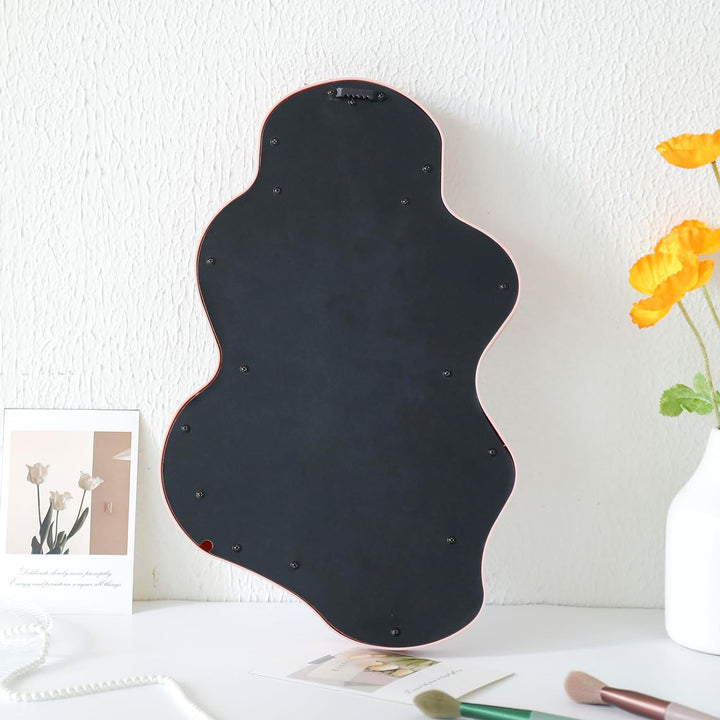 Full view of the back of the VibeCore Abstract Curve Wall Mirror, highlighting its sturdy construction, secure mounting hooks, and smooth finish for reliable wall attachment.