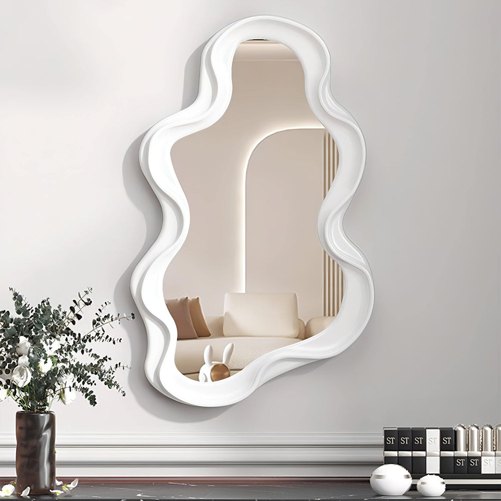 VibeCore Abstract Curve Wall Mirror White Ripple: A modern mirror with a unique ripple effect, offering a wavy, artistic design to enhance your space with a sophisticated vibe.